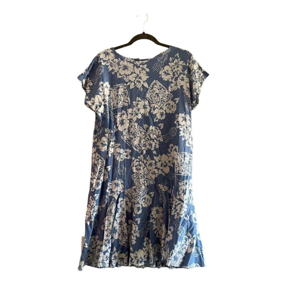 HILO HATTIE Maxi Dress Muumuu Sky Blue White Hibiscus Hawaiian Ruffle Size Large